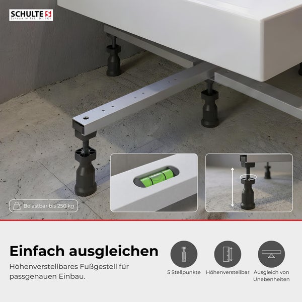 Schulte Logo, höhenverstellbares Fußgestell für Badewannen mit fünf Stellpunkten, belastbar bis 250 Kilogramm, mit Libelle zum Ausgleichen.