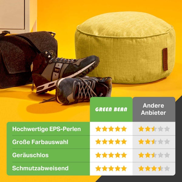 Green Bean Sitzsack-Hocker 45x25cm mit EPS-Perlen Füllung - Fußhocker Fußkissen Sitz-Pouf für Sitzsäcke - Bodenkissen für Kinder und Erwachsene - Fußablage Sitzkissen Sitzhocker Gelb