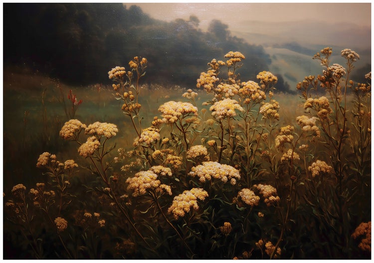 Gemälde einer Landschaft mit blühenden Wildblumen im Vordergrund