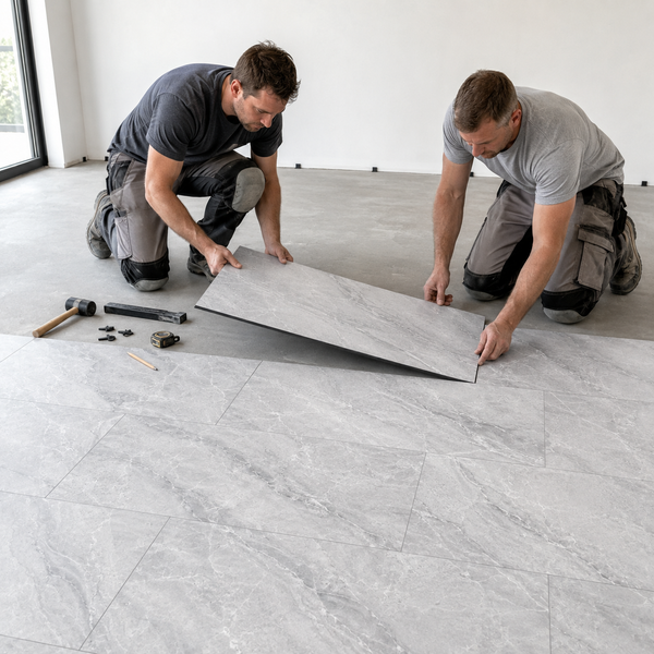 Zwei Handwerker verlegen großformatige Fliesen mit Steinoptik auf einem Boden, inklusive Arbeitswerkzeug wie Gummihammer und Maßband.