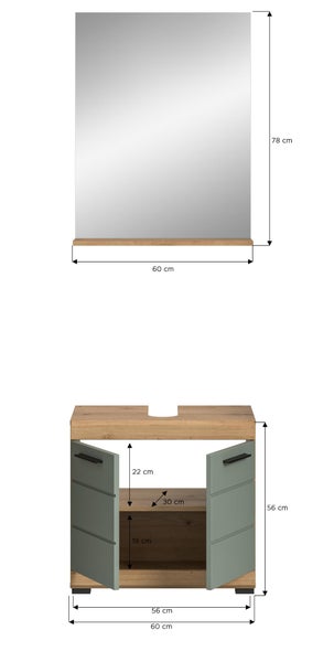 Badezimmerspiegel mit Ablage 78 mal 60 Zentimeter und Waschbeckenunterschrank mit zwei Türen 56 mal 60 Zentimeter, Holzoptik und Grün.