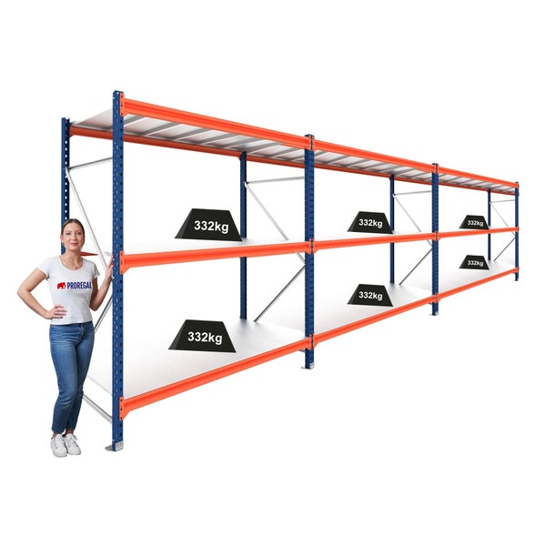 Proregal Weitspannregal mit 3 Feldern, blau-orange, Tragkraft 332 Kilogramm pro Boden, mit Person zum Größenvergleich.