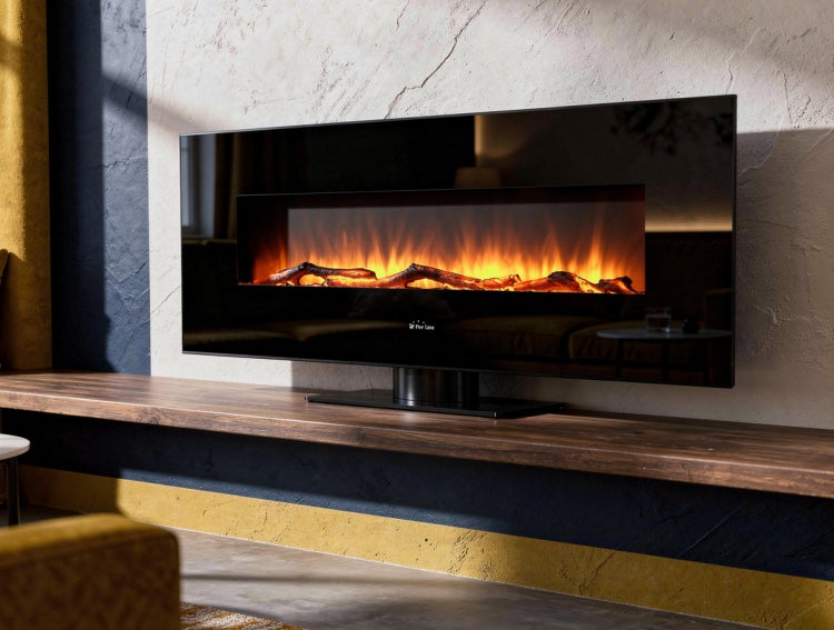 Dekorativer elektrischer Kamin mit Flammeneffekt auf einem Holzregal