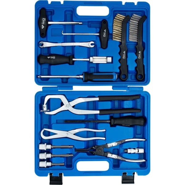 Werkzeugsatz in blauem Werkzeugkoffer mit verschiedenen Zangen, Schraubenschlüsseln, Schraubendrehern und Bürsten