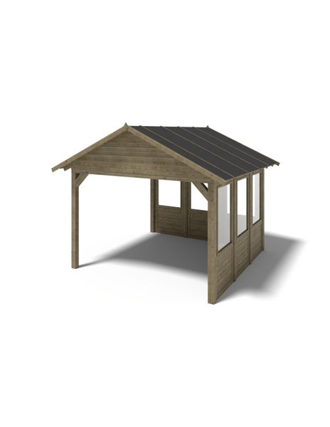 Gartenpavillon aus Holz mit Satteldach und zwei Seitenwänden mit Fenstern.