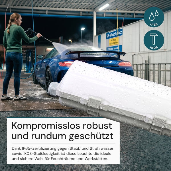 Feuchtraumleuchte mit Schutzart IP65 gegen Strahlwasser und Stoßfestigkeit IK08 für den Einsatz in Werkstätten und feuchten Umgebungen.
