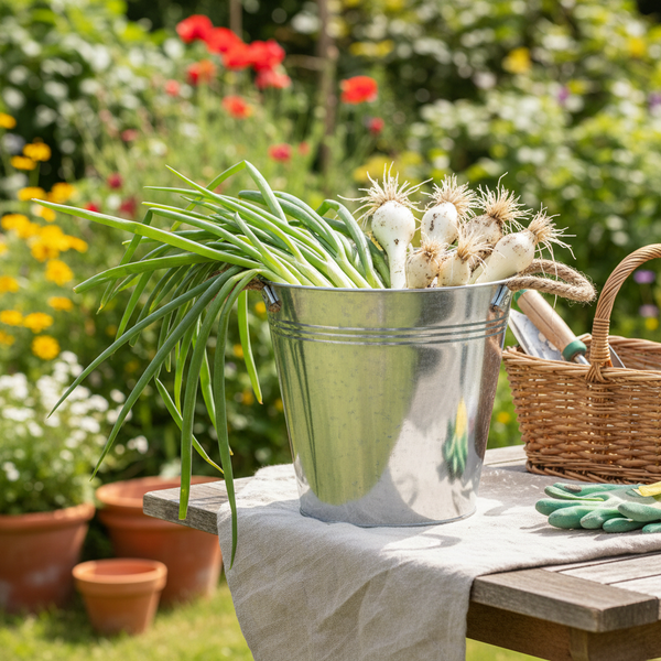 Geerntete Frühlingszwiebeln in einem Zinkeimer auf einem Gartentisch mit einem Weidenkorb und Gartenwerkzeug in einem hellen Garten.