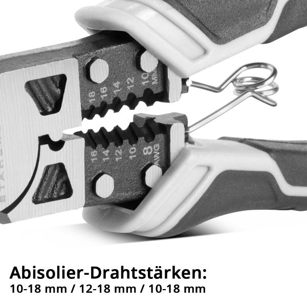 Nahaufnahme einer Abisolierzange mit markierten Abisolier-Drahtstaerken von 10 bis 18 Millimeter und einer Oeffnungsfeder.