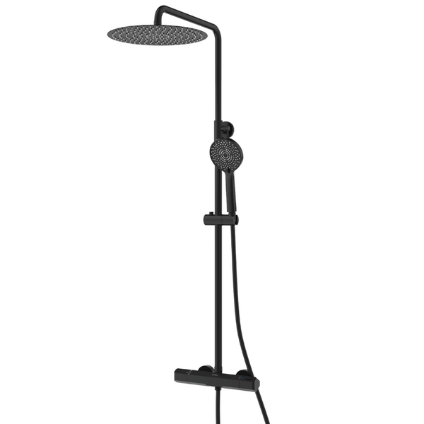 EcoRain Wassersparende Regenbrausegarnitur Tyler 30 CM Rund Schwarz mit Thermostatarmatur - 30% Wassereinsparung -Modern Regenbrauseset - 12 CM Handbrause - Universal Kopfbrause - Anti-Kalk-Brausekopf