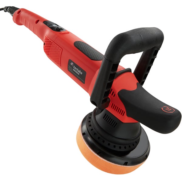 28-teiliges Exzenter Poliermaschinen-Set tectake  inklusive Lackpolitur, 2 Mikrofasertüchern, Wischer, Schwamm, Handschuh und 2 Ersatzkohlen 810 W schwarz/rot