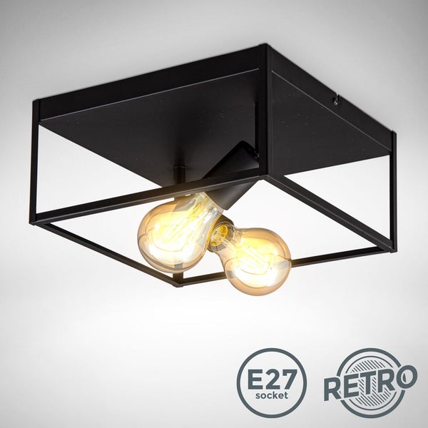 Deckenleuchte 29x29 cm - Metallkorpus, E27 Fassung, retro, 2-flammig, schwarz