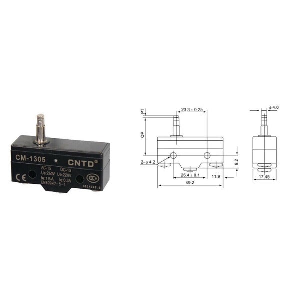 CNTD Mikroschalter CM-1305 mit technischer Zeichnung und Bemaßung für präzise Montage.