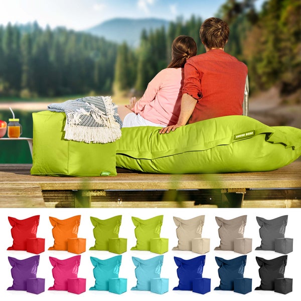 Green Bean 2er Set XXL Sitzsack inkl. Pouf fertig befüllt mit EPS-Perlen - Riesensitzsack 140x180 Lounge Sitz-Kissen Bean-Bag Chair  - Hellgrün