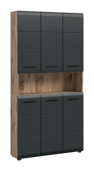 Modernes Highboard mit sechs dunkelgrauen Türen und einem offenen Fach in Eichenoptik.