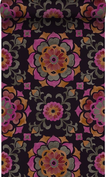 Origin Wallcoverings Tapete Suzani Blumen Schwarz, Orange und Rosa - 53 cm x 10,05 m - 347474