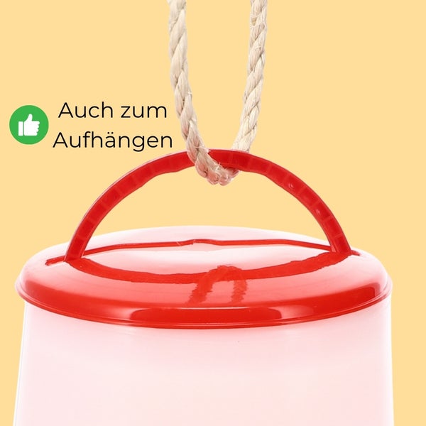 Detail einer hängenden Vogeltränke mit rotem Deckel und Seilaufhängung