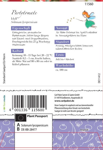 Rückseite der Saatgutpackung für Partytomate Idyll mit Informationen zu Aussaat, Standort, Ernte und dem Pflanzenpass.