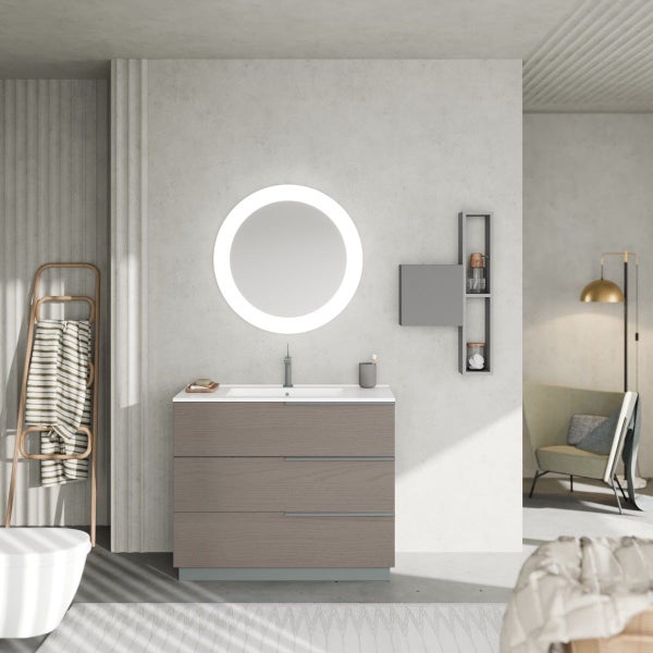 100cm Möbel-Set mit Spiegel mit LED-Beleuchtung , graue Holzoptik-Ausführung | New York