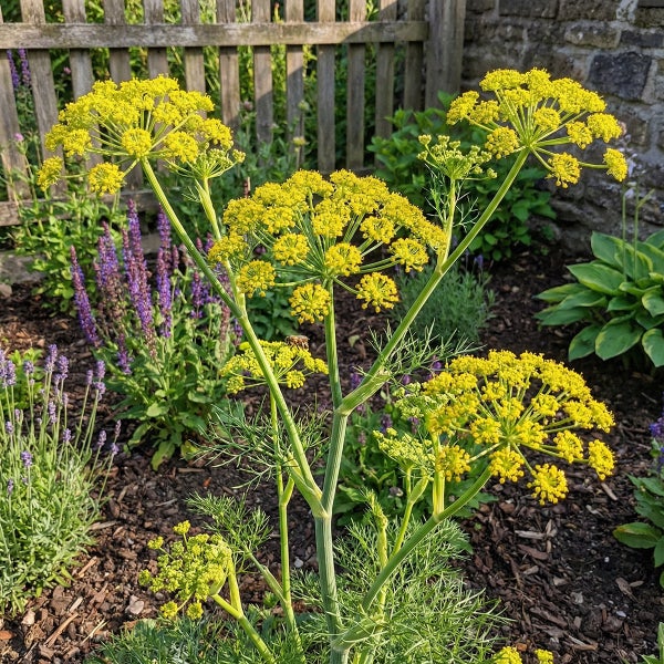 Blühende Fenchelpflanze mit gelben Dolden in einem gepflegten Gartenbeet mit Rindenmulch und einem Holzzaun im Hintergrund.