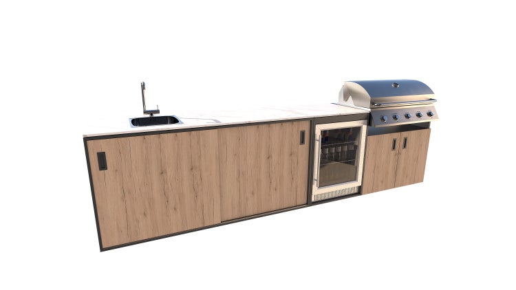 Outdoor-Küche mit Spüle, Kühlschrank und Grill