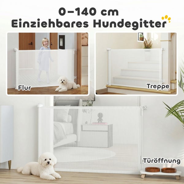 Weißes einziehbares Hundegitter für Flur, Treppe und Türöffnung, ausziehbar von null bis einhundertvierzig Zentimeter.