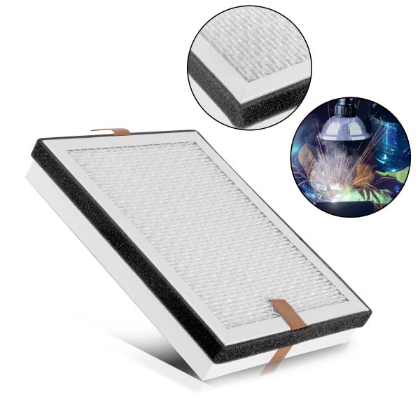 Industrieller Luftfilter mit weißem Netz, Schaumstoffdichtung und Zuglaschen, geeignet für die Schweißrauchabsaugung.