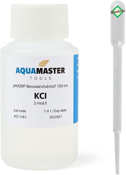 Aquamaster Tools Kaliumchlorid Aufbewahrungslösung für pH und Redox Elektroden, 100 Milliliter, inklusive Pipette und Weedness Logo.