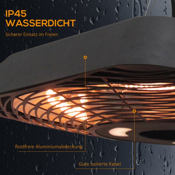 Outsunny Deckenheizstrahler 800W/1200W/2000W, 5 Modi Heizstrahler, IP45, mit Fernbedienung LED-Licht,  45 x 45 x 10 cm, Alu, Glas, Schwarz
