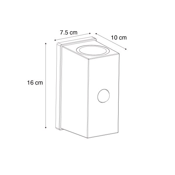 Maßzeichnung einer rechteckigen Wandleuchte mit den Maßen: Höhe 16 Zentimeter, Breite 7,5 Zentimeter und Tiefe 10 Zentimeter.