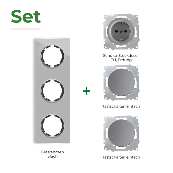 Set bestehend aus dreifachem Glasrahmen, einer Schuko Steckdose und zwei einfachen Tastschaltern zur Elektroinstallation.