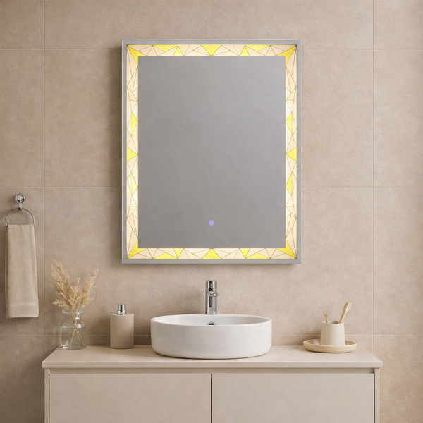 LED-Badezimmerspiegel mit Aluminiumrahmen, 60 mal 80 Zentimeter, geometrisches Beleuchtungsmuster.
