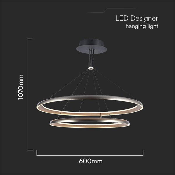 LED-Design-Hängeleuchte mit zwei Ringen und Abmessungen
