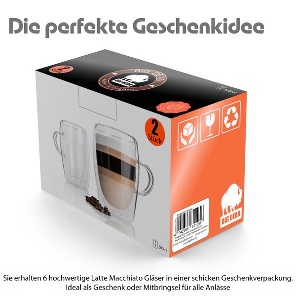Big Dean doppelwandige Latte Macchiato Gläser im Zweier-Set, 300 Milliliter, in einer Geschenkverpackung.