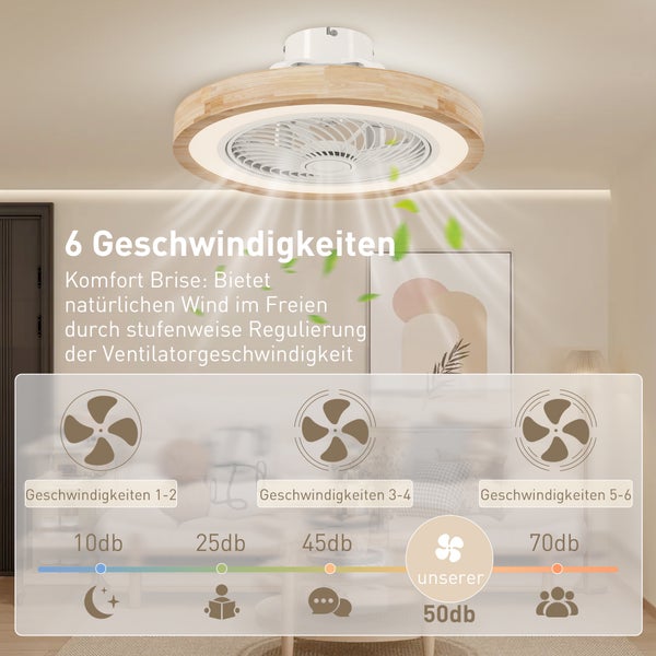 HOMCOM Deckenventilator mit Beleuchtung Fernbedienung LED Ventilator Deckenleuchte Dimmbar mit RGB-Farbe, 6 Geschwindigkeiten 40 W Lampe mit Ventilator, Timer umkehrbar für Schlafzimmer Natur 50 cm