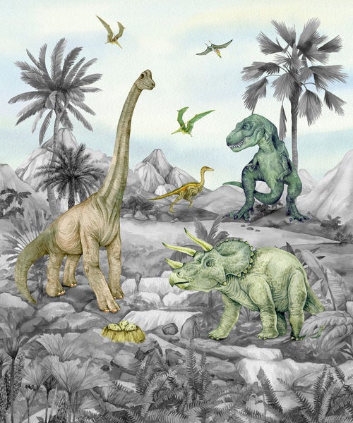 Illustration verschiedener Dinosaurier in einer prähistorischen Landschaft mit Palmen und Bergen