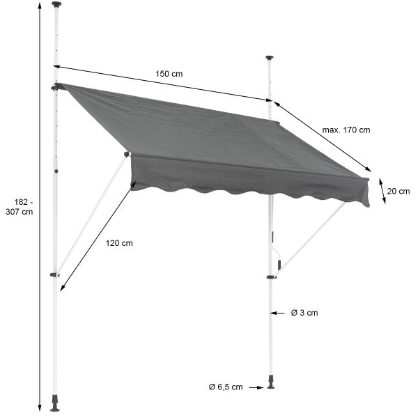 ML-Design Klemmmarkise 150 x 120 cm, Grau, höhenverstellbar, ohne Bohren, UV-beständig, Einziehbar Manuell, aus Metall und Polyester, Markise mit Handkurbel, Balkonmarkise Sonnenschutz Balkon
