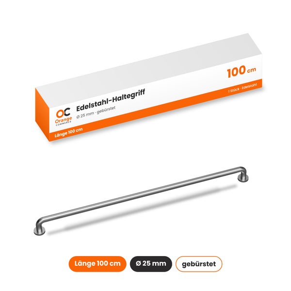 Edelstahl Haltegriff von Orange Commerce, 100 cm Länge und 25 mm Durchmesser, gebürstete Oberfläche.