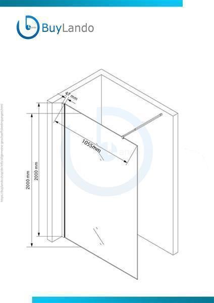 Technische Zeichnung einer BuyLando Walk-In Duschwand mit den Maßen Höhe 2000 Millimeter und Breite 1055 Millimeter. BuyLando Logo.