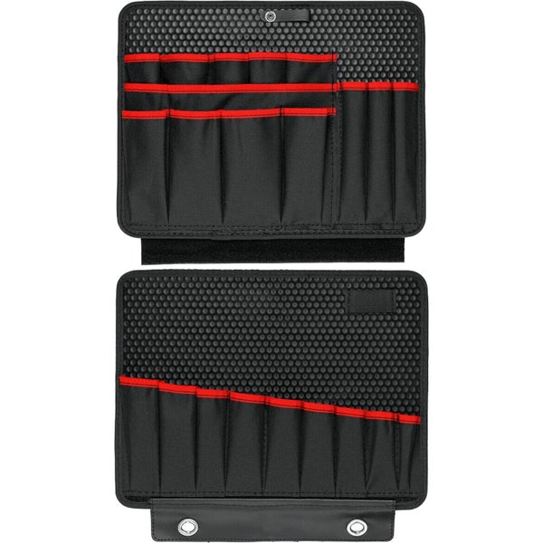 Zwei schwarze Werkzeug-Organisationspaneele mit verschiedenen Einsteckfächern und rotem Rand.