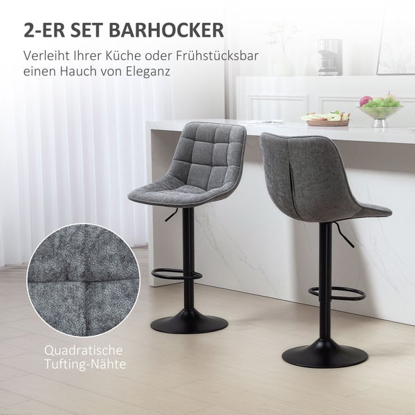 HOMCOM Barhocker 2er-Set, Gepolstert Barstuhl mit Lehne, Stahlgestell, Chenille-Optik, Höhenverstellbare Küchenstühle mit Fußstütze 360° Drehbar Tresenhocker für Küche, Wohnzimmer Dunkelgrau