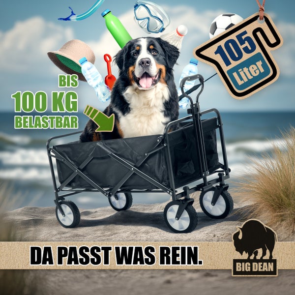 Bollerwagen mit Hund, Spielzeug, Getränken am Strand, bis 100 Kilogramm belastbar, 105 Liter Fassungsvermögen