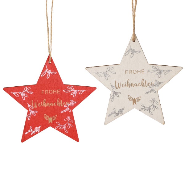 Zwei Sterne als Weihnachtsbaumschmuck mit der Aufschrift Frohe Weihnachten.