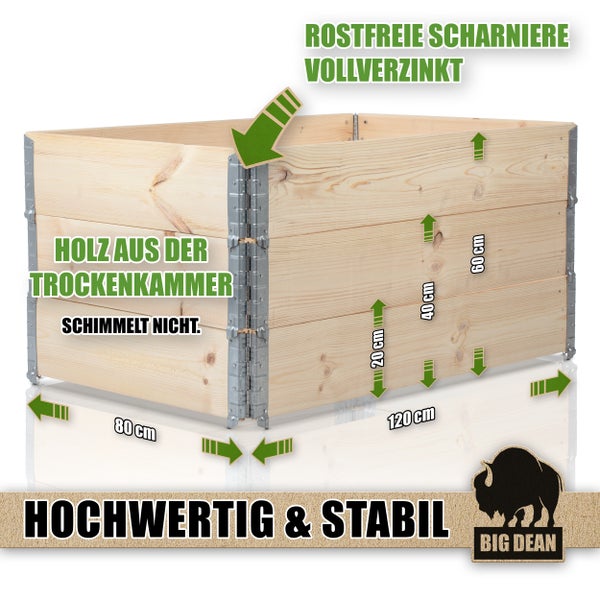 Hochbeet aus Holz mit Maßen, rostfreien Scharnieren und Big Dean Logo
