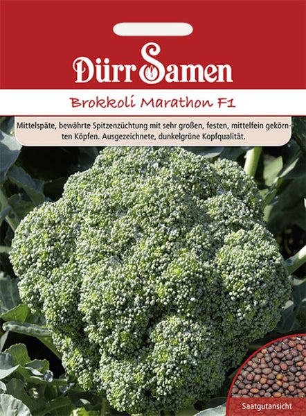 Samentüte für Brokkoli Marathon F1 von Dürr Samen mit Abbildung eines Brokkolikopfes und Detailansicht der Samen. Dürr Samen Logo.