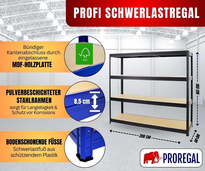 Proregal Profi Schwerlastregal, 4 Holzfaserplatten, pulverbeschichteter Stahlrahmen, 180 mal 200 mal 60 Zentimeter, nachhaltige Forstwirtschaft.