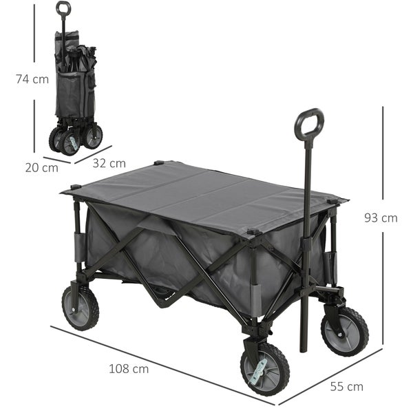 Outsunny Bollerwagen Faltbar, Handwagen mit Räder, Bremsen, Tragetasche, 125L Transportwagen bis 120kg belastbar, XXL Gerätewagen, Gartenwagen Gartenkarre für Strand Camping Einkaufen, Dunkelgrau
