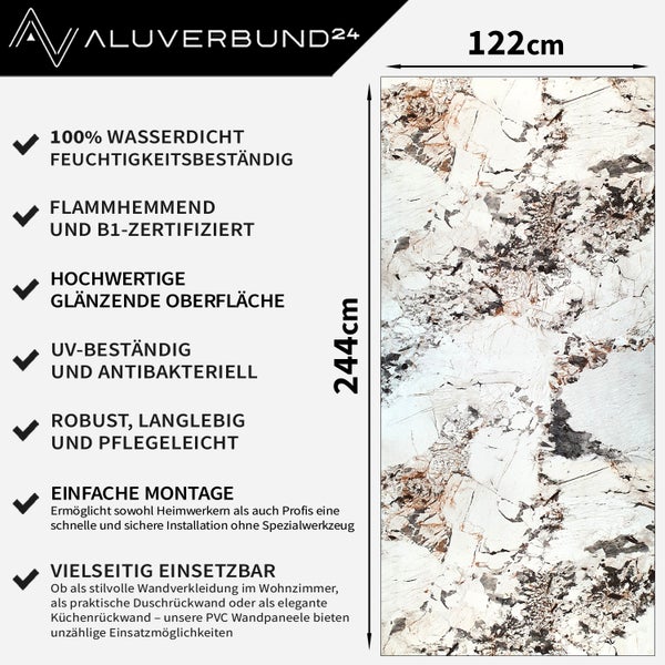 Aluverbund24 Wandpaneel, 122 x 244 cm, wasserdicht, feuchtigkeitsbeständig, schwer entflammbar, B1-zertifiziert, hochwertige glänzende Oberfläche, UV-beständig, antibakteriell, robust, langlebig, pflegeleicht, einfache Montage, vielseitig einsetzbar