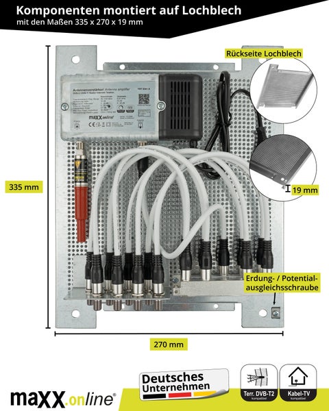 Komponenten montiert auf einem Lochblech mit den Maßen 335 x 270 x 19 mm, inklusive Antennenverstärker, Erdungsschraube und Kabeln der Marke maxx online