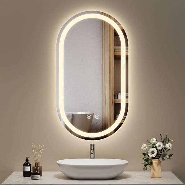 EMKE LED Badspiegel 50x90 cm Oval, Touch-Schalter, 3 Farbtemperaturen einstellbar, dimmbar, Antibeschlag, Stromausfall-Speicher, mattierte Spiegelkante, flexibel montierbar, IP44, rostfreier Spiegel, für Bad