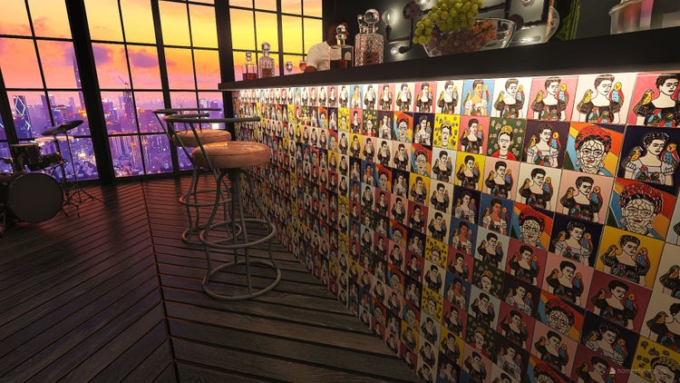 Bar mit Hockern und Wandfliesen in einem Raum mit Stadtblick bei Sonnenuntergang